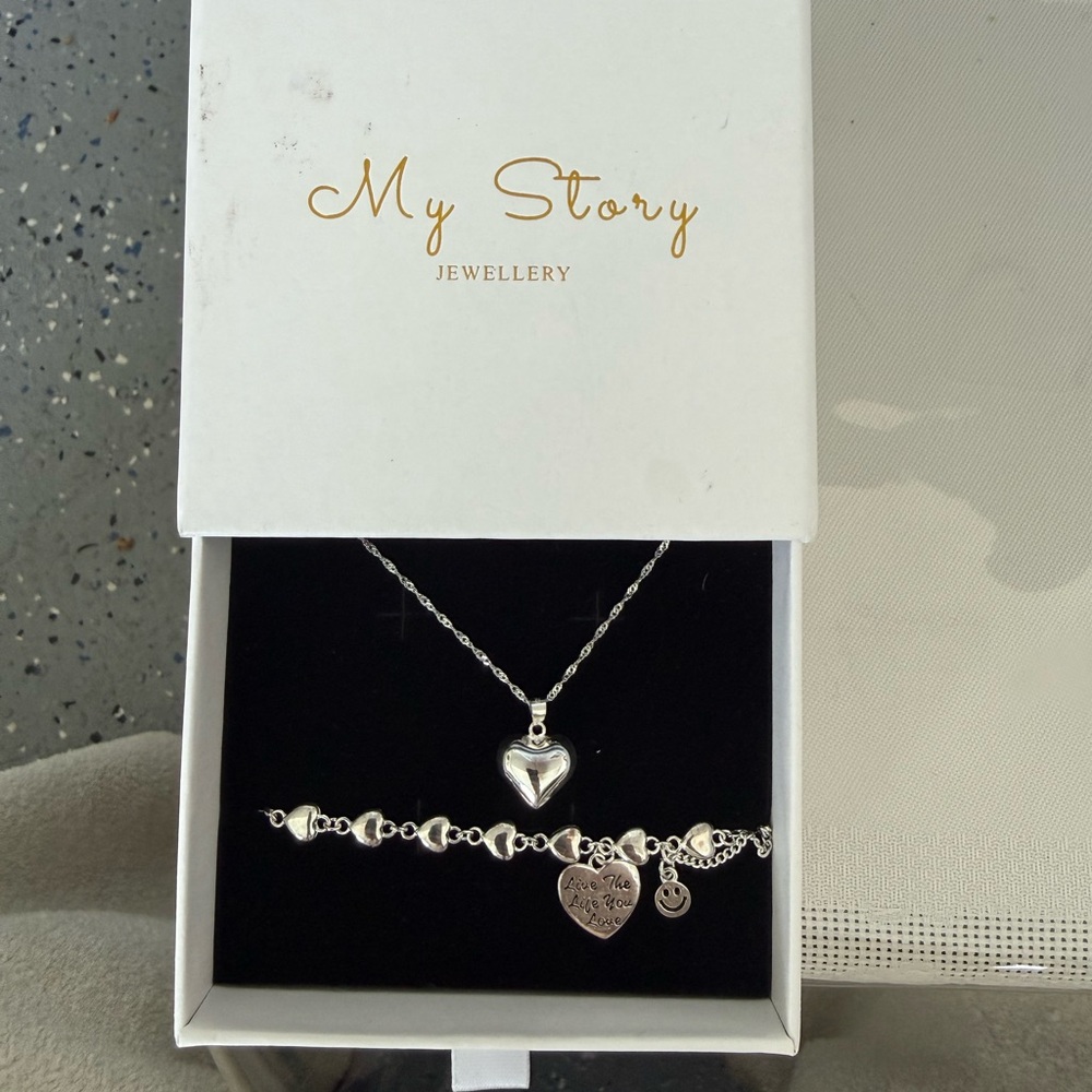 My Story Silver Heart Necklace and Bracelet